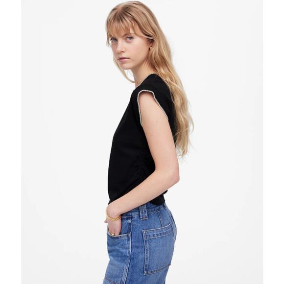 Madewell Sutro Muscle Tee WMNS S Side-Cinch Crew Neck Black Contrast Stitch Trim - Picture 2 of 8